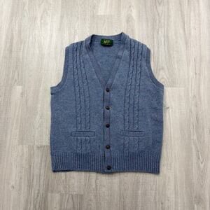 Vintage Country Squire Cardigan Sweater Vest Men's XL Blue Wool Cable 90s Preppy
